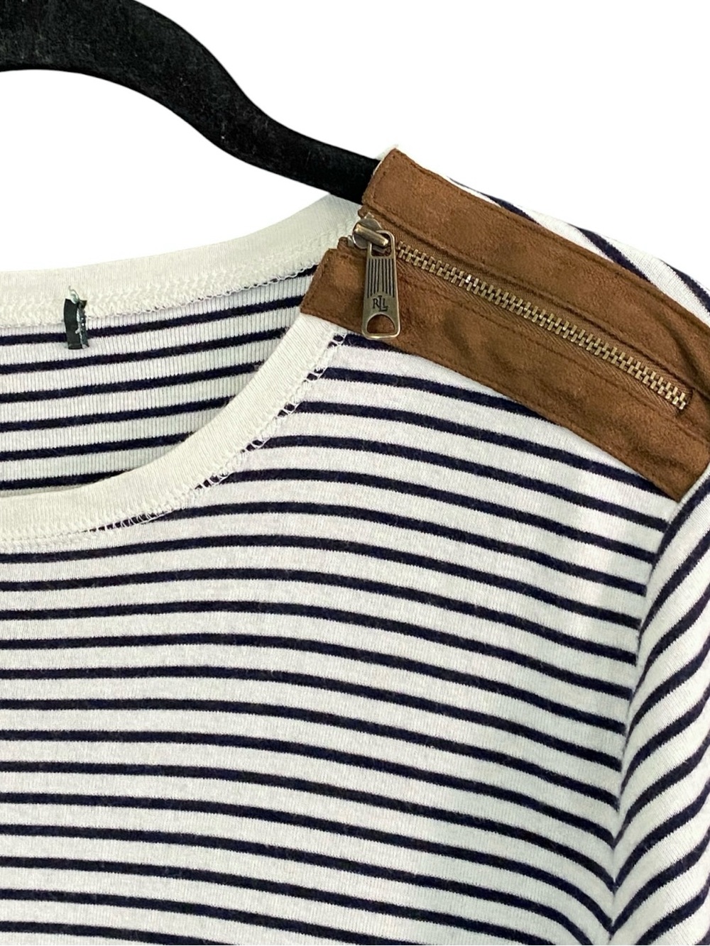 Lauren Ralph Lauren Striped Elbow Patch Top L Equestrian Preppy Old Money - Picture 4 of 9